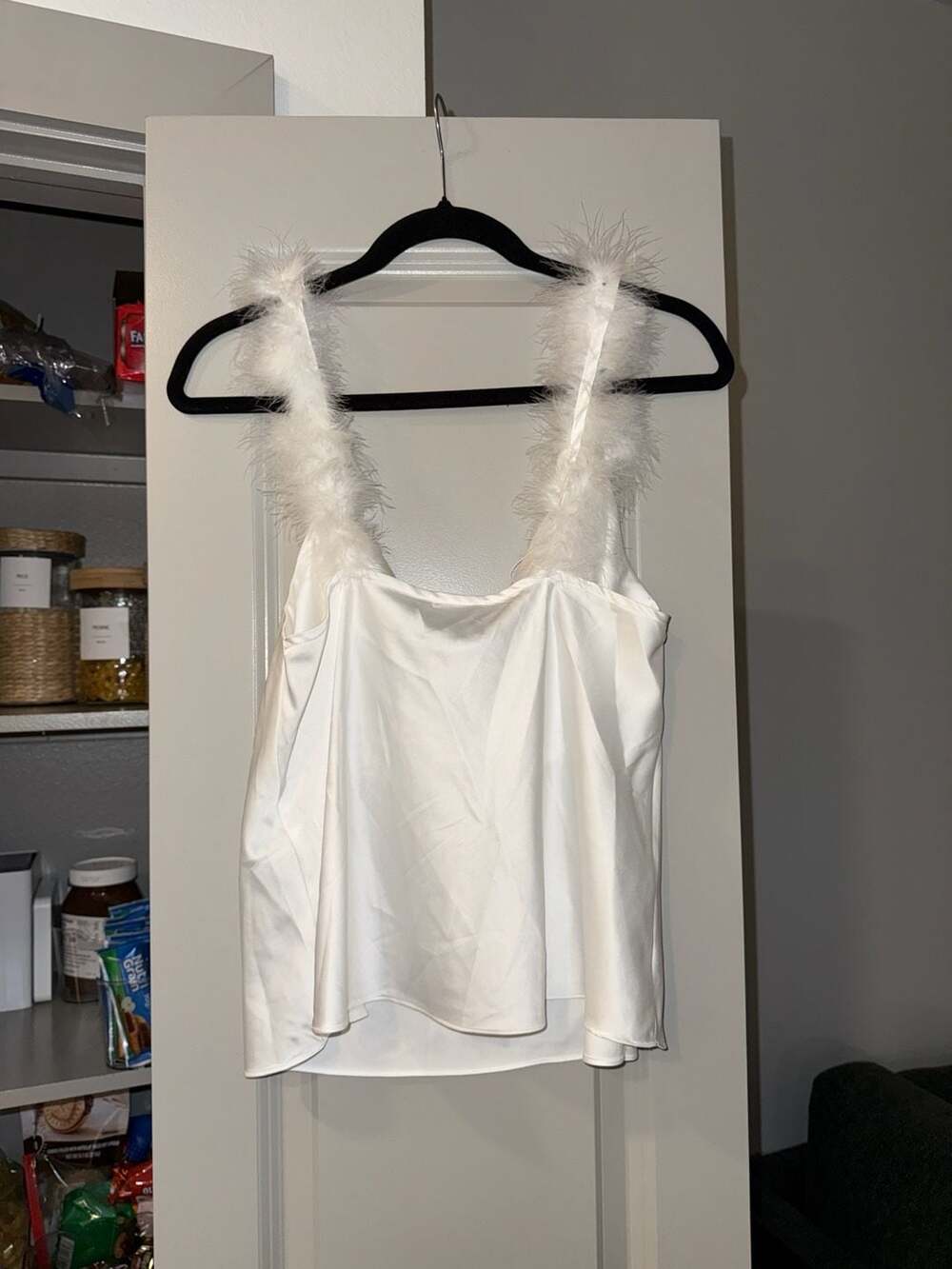 Le Lis White Satin Cowl Neck Camisole with Feather Straps Size M - Picture 5 of 5
